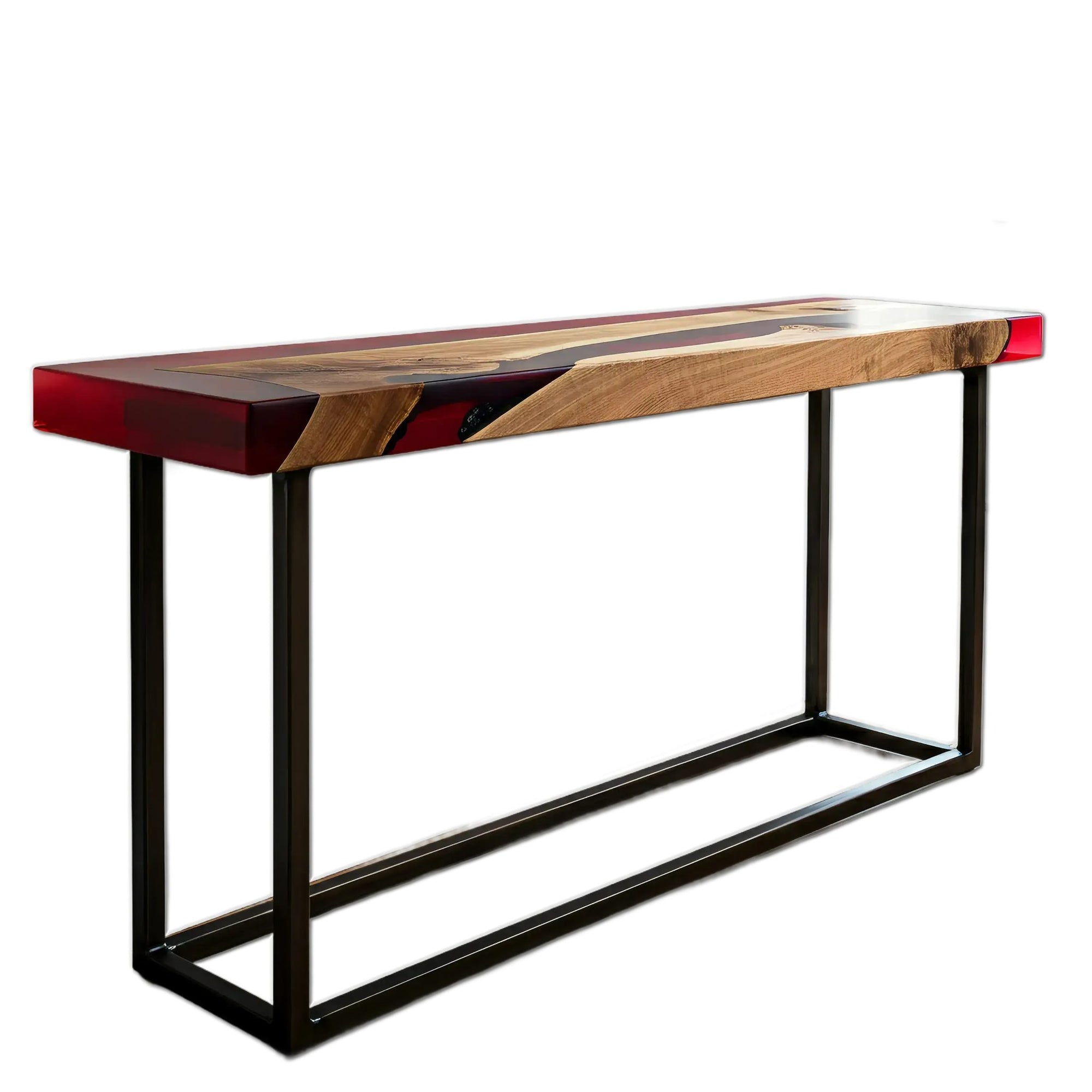 Handmade Northern Cardinal Console Table with walnut wood and red epoxy resin top, supported by black metal legs, ideal for stylish entryways and hallways.
