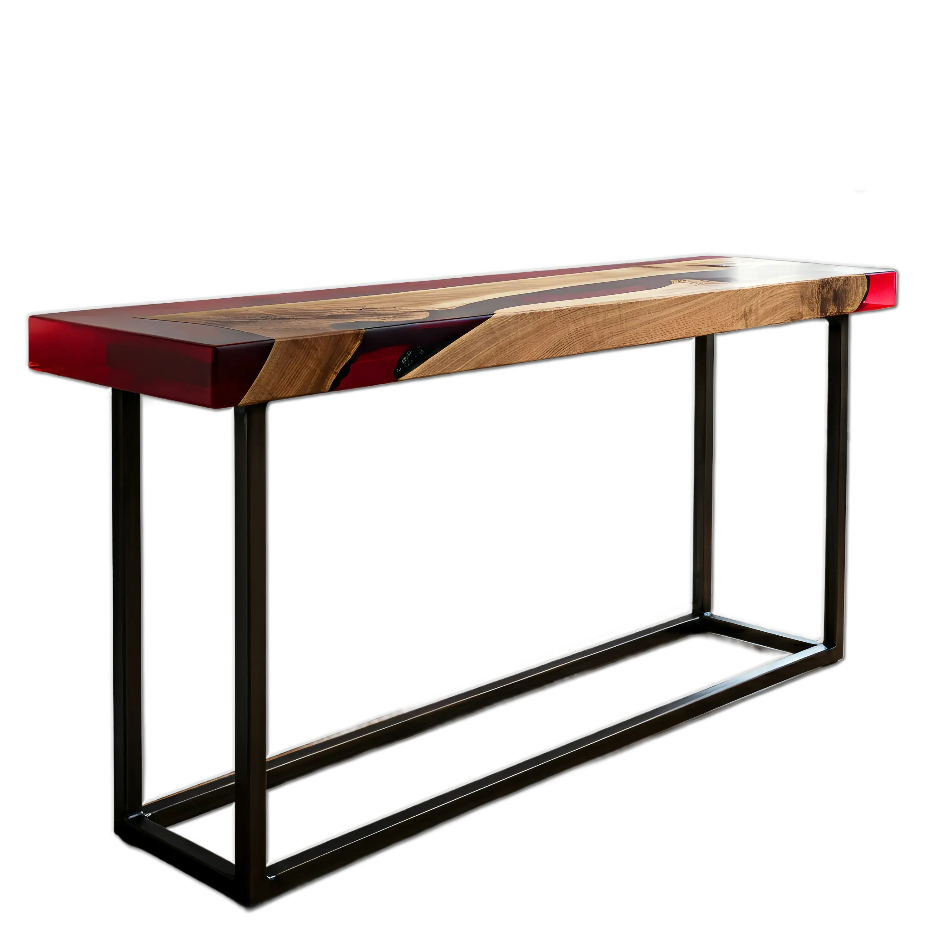 Epoxy river console table with walnut wood and red resin top, supported by a modern black metal frame. Handmade in the USA for stylish interiors.