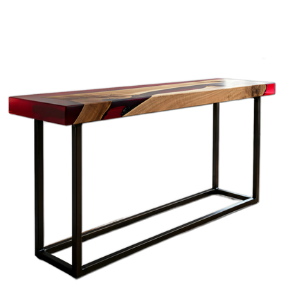 Epoxy river console table with walnut wood and red resin top, supported by a modern black metal frame. Handmade in the USA for stylish interiors.