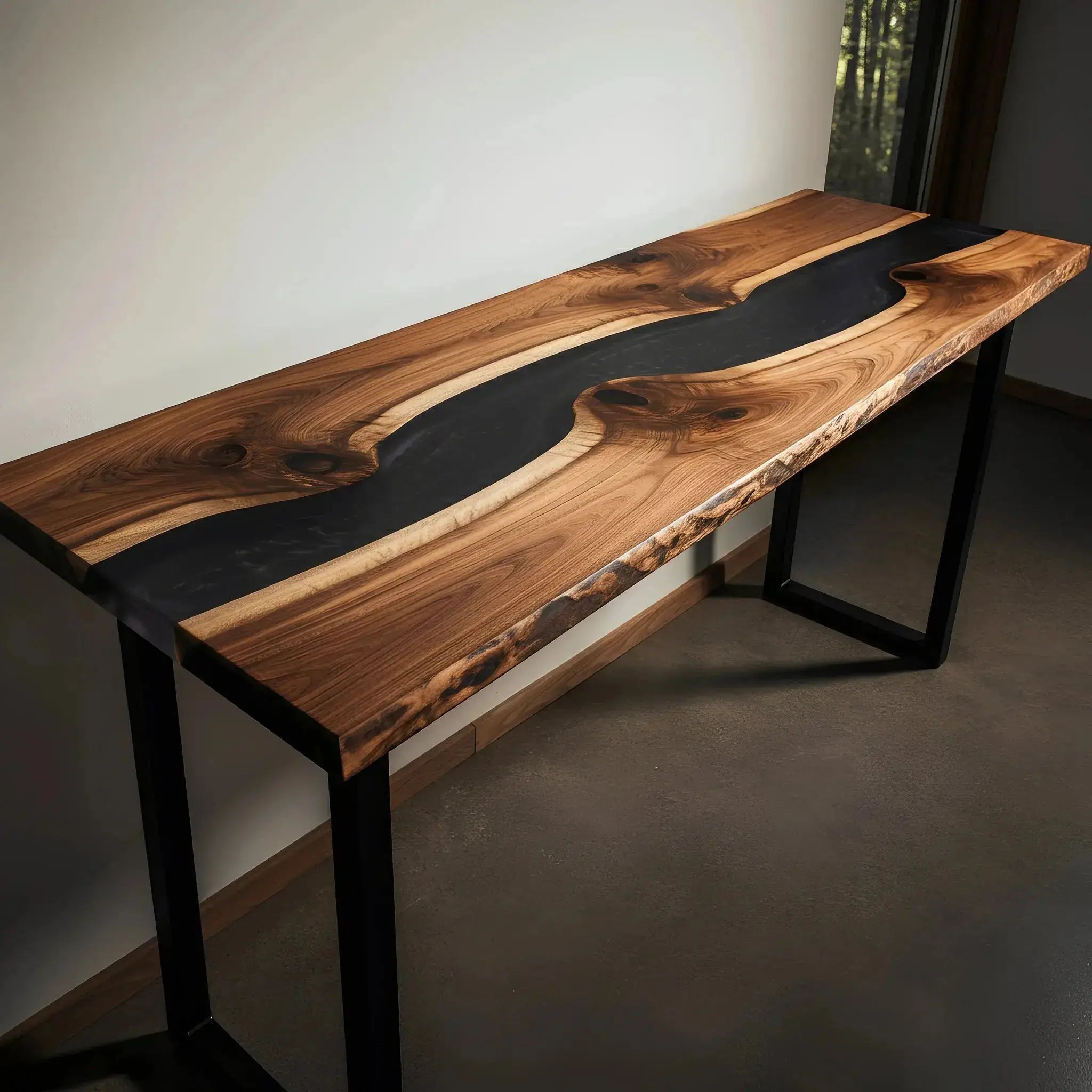Custom handmade walnut and black resin epoxy river console table with live edge detail, perfect for modern entryways or dining rooms.