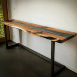 Handmade Midnight Sky Console Table with walnut wood and black epoxy resin river, featuring sleek metal and wood legs, made in the USA.