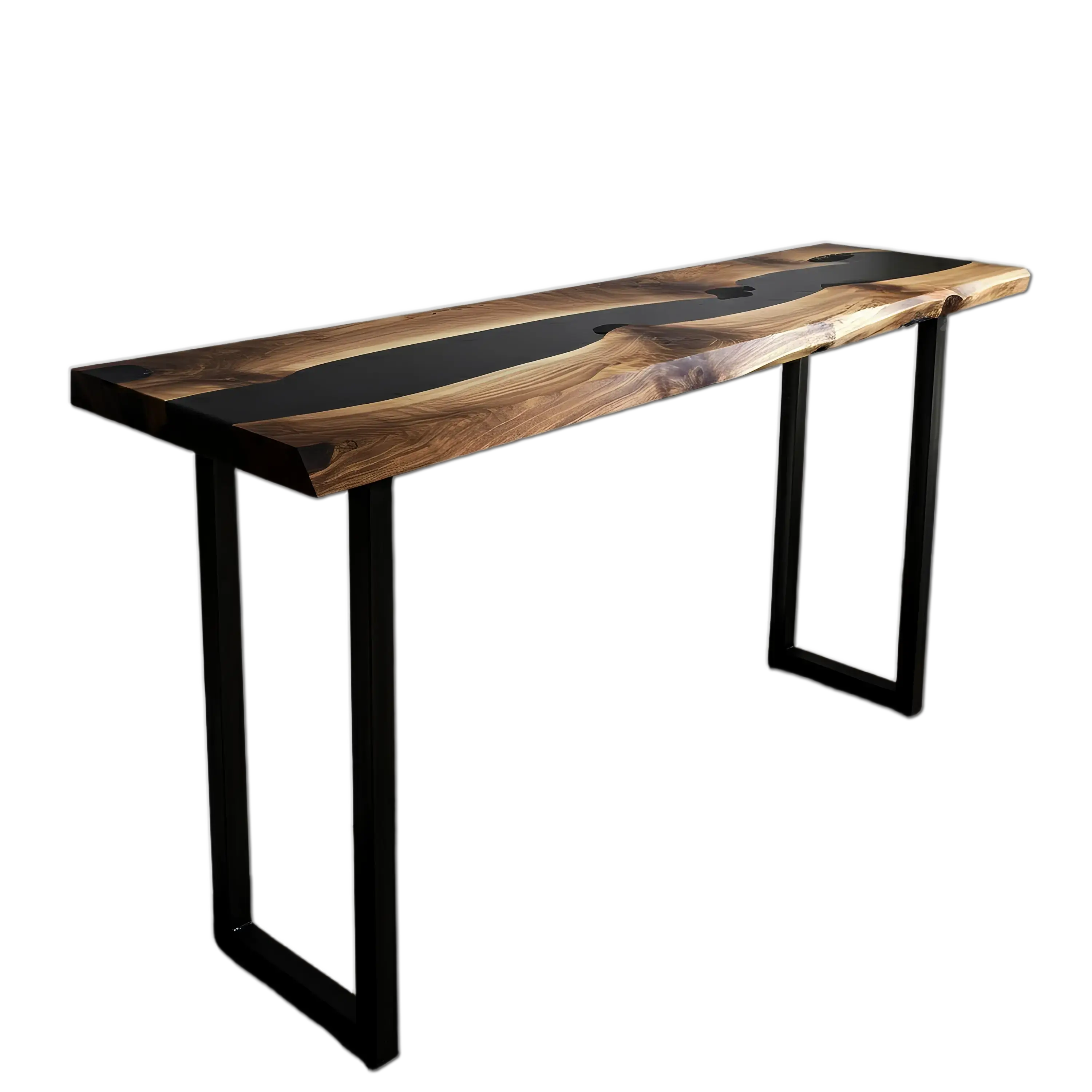 Epoxy river console table with walnut wood and black resin, handmade in the USA. Features sleek metal legs and modern artisan design.
