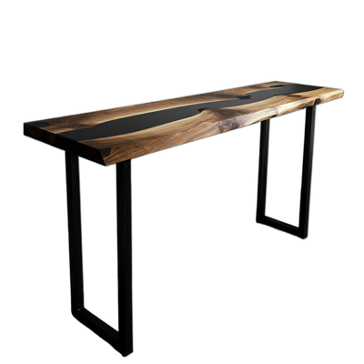 Handmade Midnight Sky Console Table with walnut wood and black epoxy resin river, featuring sleek metal and wood legs, made in the USA.