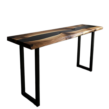 Epoxy river console table with walnut wood and black resin, handmade in the USA. Features sleek metal legs and modern artisan design.