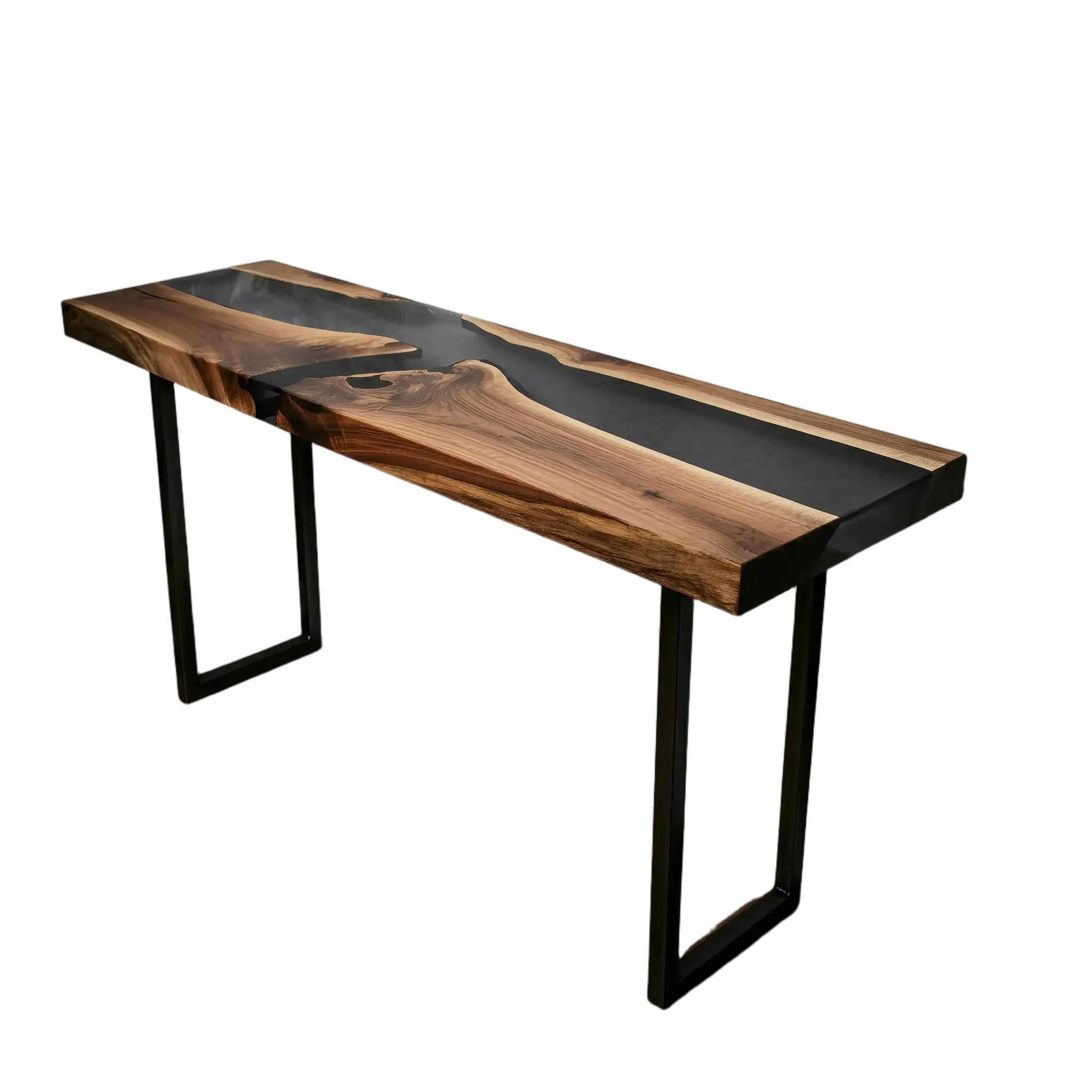 Handmade Midnight Sky Console Table with walnut wood and black epoxy resin river, featuring sleek metal and wood legs, made in the USA.