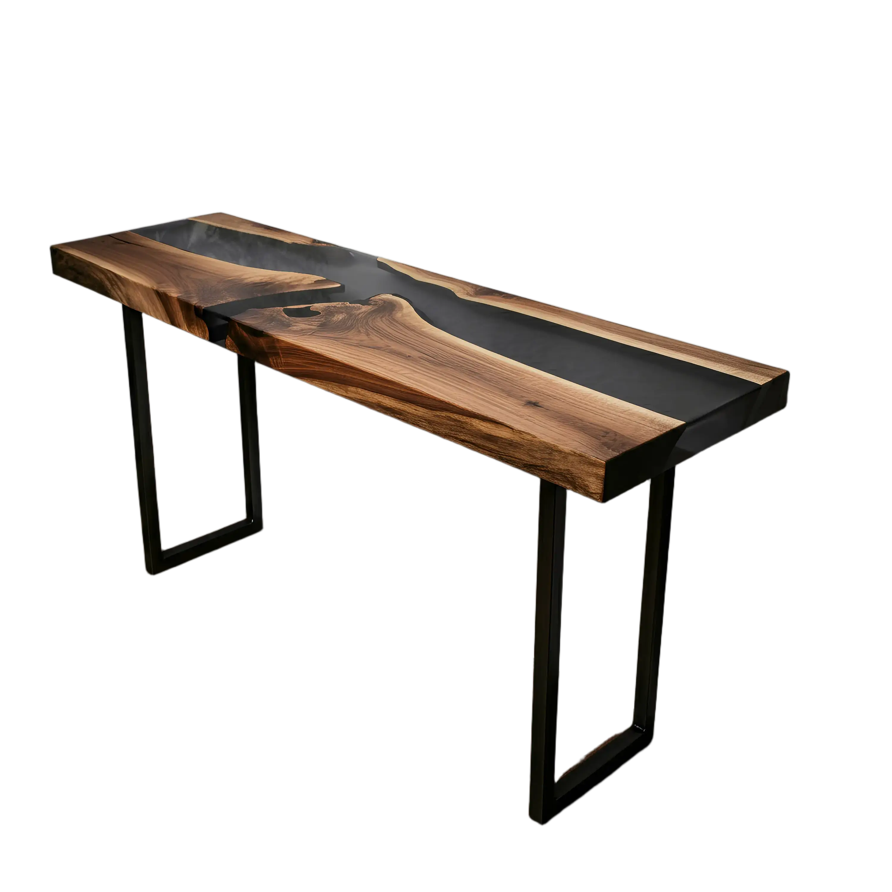 Custom epoxy river console table with black resin and walnut slab top, supported by geometric metal legs, handmade in the USA.