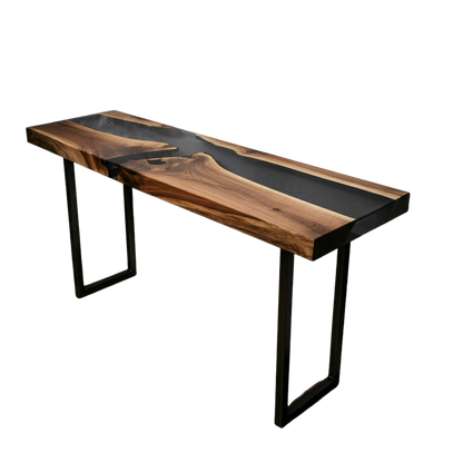 Custom epoxy river console table with black resin and walnut slab top, supported by geometric metal legs, handmade in the USA.