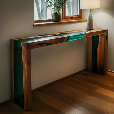 Sunlit Forest Console Table with walnut wood and green epoxy resin, handmade in the USA, shown in modern entryway setting.