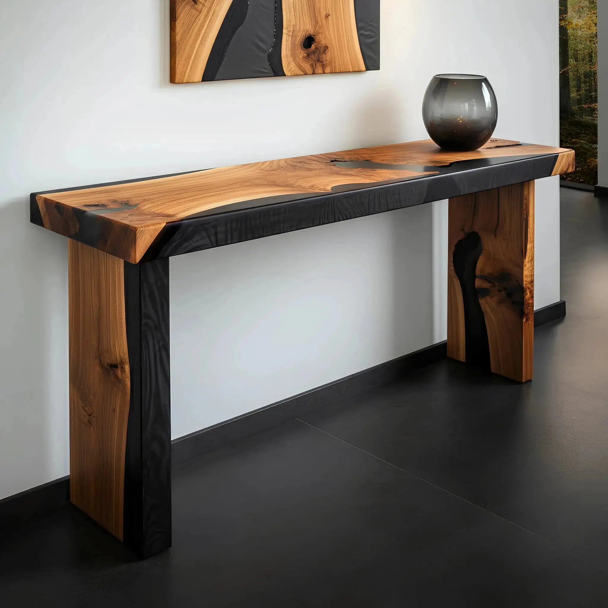 Modern epoxy river console table with solid walnut and black resin, featuring full wood panel legs for a bold, sculptural look.
