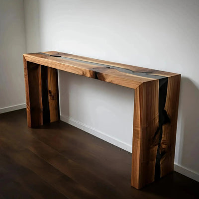 Handmade Midnight Sky Console Table with walnut wood and black epoxy resin river, featuring sleek metal and wood legs, made in the USA.