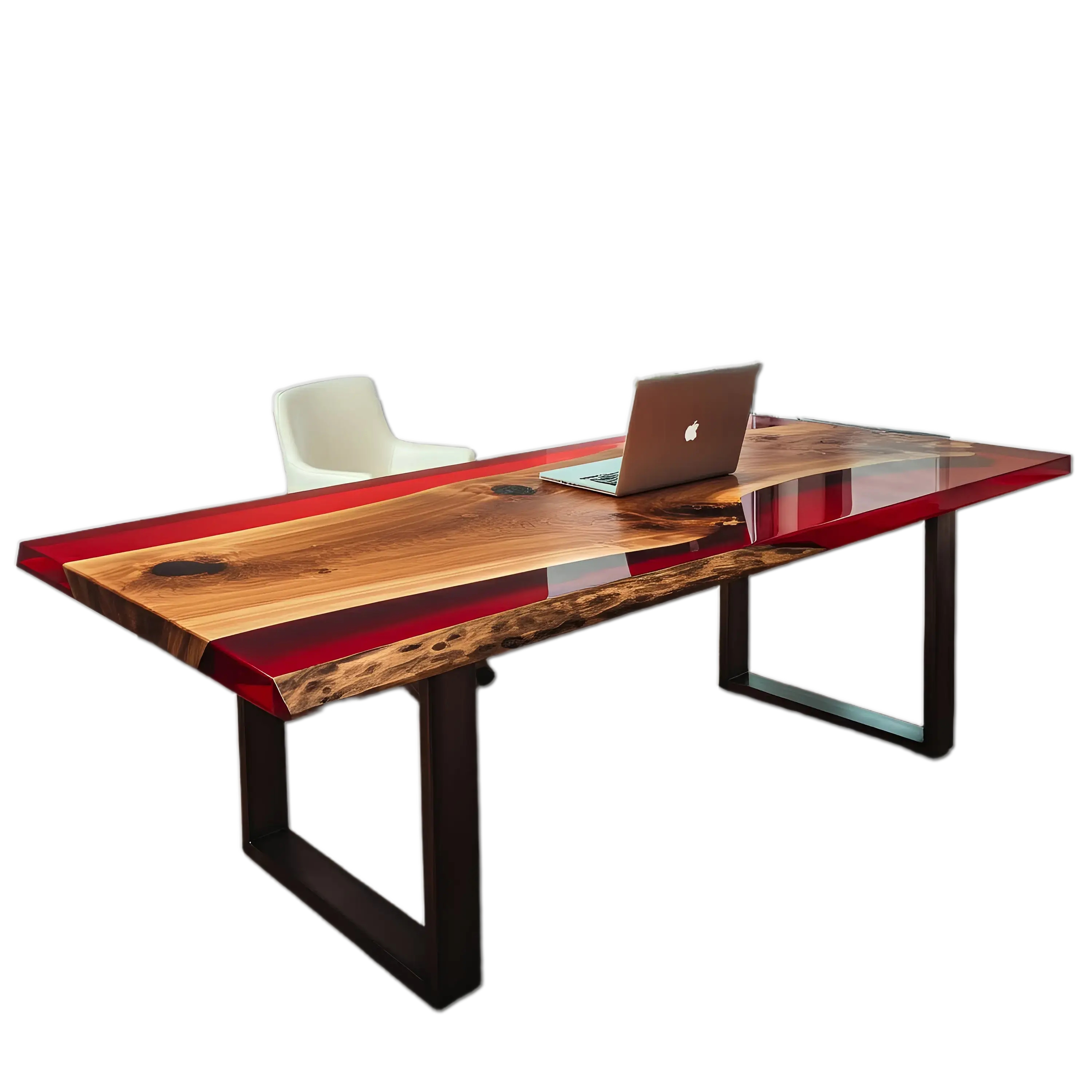Epoxy river office desk with walnut wood and red resin, custom handmade in the USA. Modern design ideal for executive workspaces.