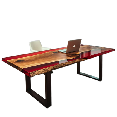 Handmade epoxy river office desk with walnut wood and red resin, featuring metal legs, suitable for home or executive workspaces.