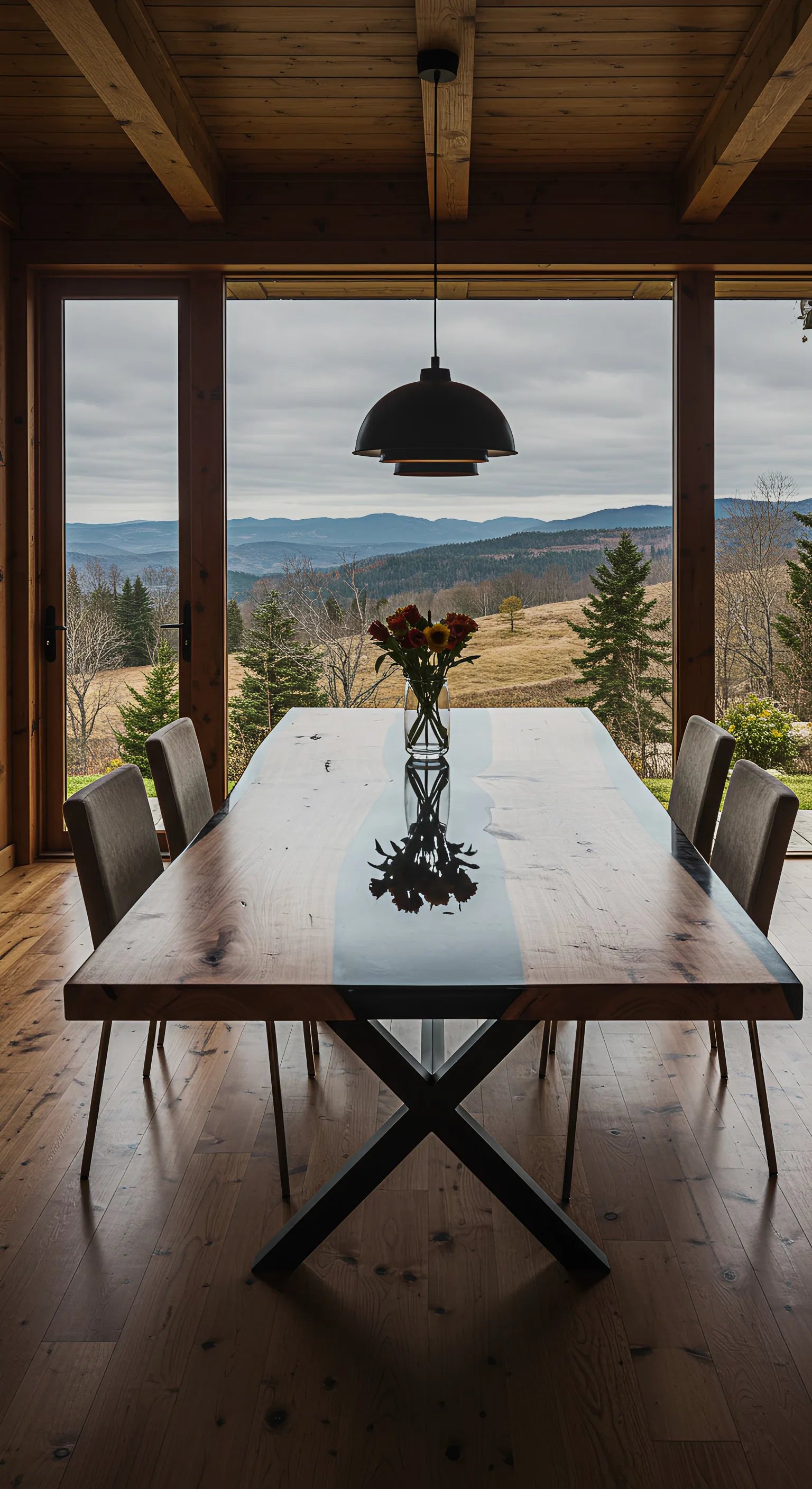 Custom Epoxy River Dining Table with black epoxy and walnut wood in a luxury dining room with a scenic view of a mountain covered in trees