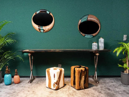 Handcrafted resin console table with walnut wood and epoxy resin top, featuring rose gold aluminum legs from Osso Collection