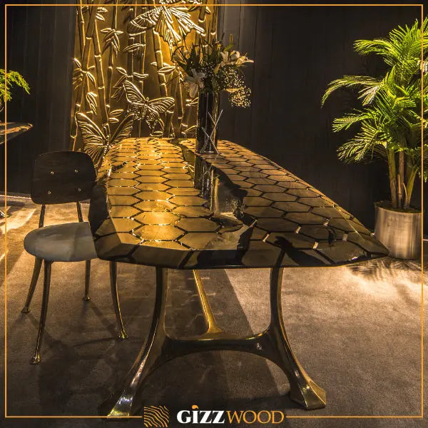 Hexagon Resin Dining Table made of walnut wood and epoxy resin with aluminum legs