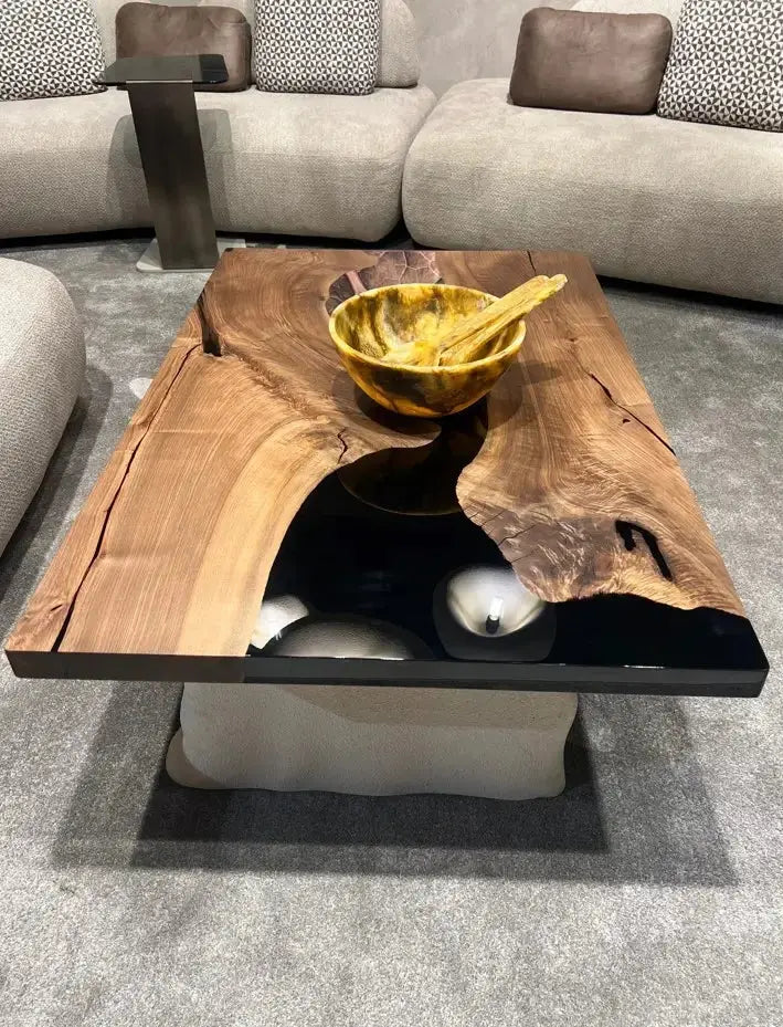 Handcrafted epoxy resin walnut coffee table with stone-inspired wooden legs