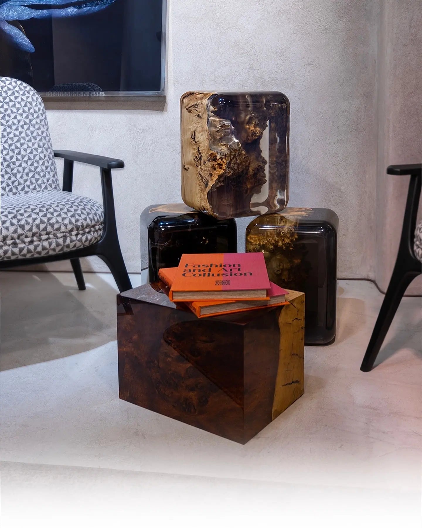 Handcrafted Resin Cube Side Table with epoxy wood finish in modern living room