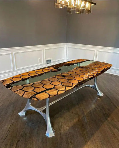 Hexagon Resin Dining Table made of walnut wood and epoxy resin with aluminum legs