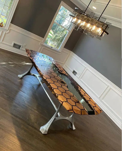 Hexagon Resin Dining Table made of walnut wood and epoxy resin with aluminum legs