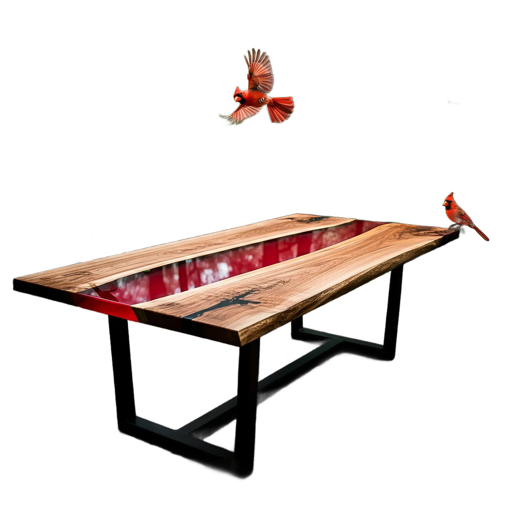 Custom epoxy river dining table with walnut wood and red resin, featuring cardinal bird accents.
Handmade in the USA for nature-inspired interiors.