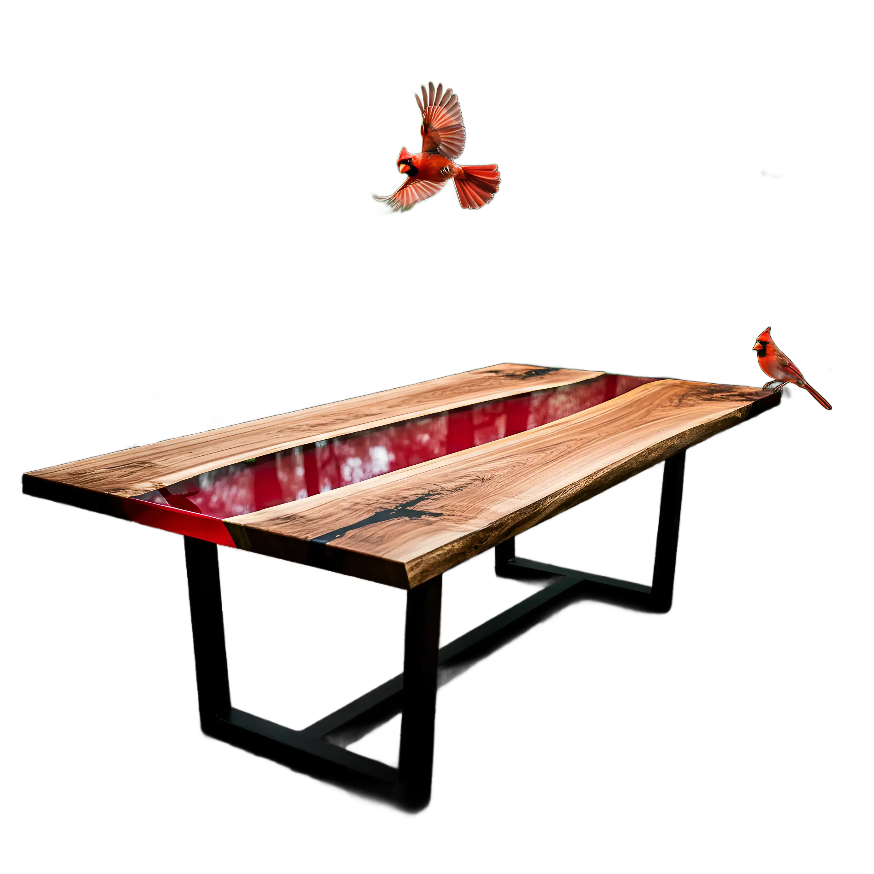 Custom epoxy river dining table with walnut wood and red resin, featuring cardinal bird accents. Handmade in the USA for nature-inspired interiors.