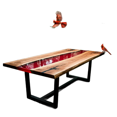 Custom epoxy river dining table with walnut wood and red resin, featuring cardinal bird accents. Handmade in the USA for nature-inspired interiors.