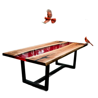 Custom epoxy river dining table with walnut wood and red resin, featuring cardinal bird accents. Handmade in the USA for nature-inspired interiors.