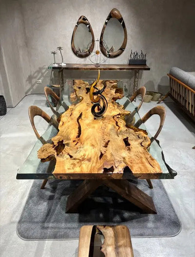 Solid linden wood dining table with natural epoxy resin finish and customizable wooden legs