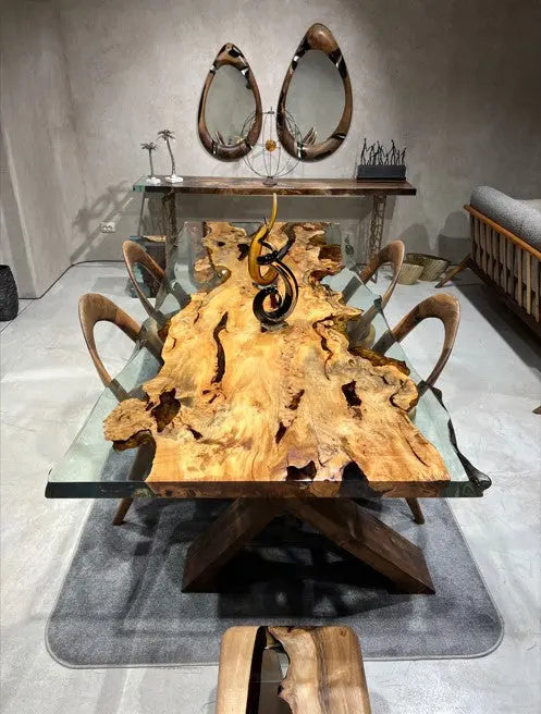 Solid linden wood dining table with natural epoxy resin finish and customizable wooden legs