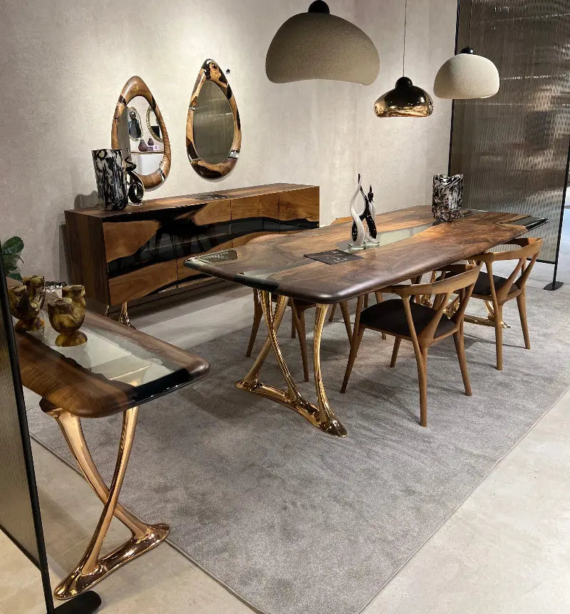 Custom epoxy resin dining room table with walnut wood and rose gold aluminum legs