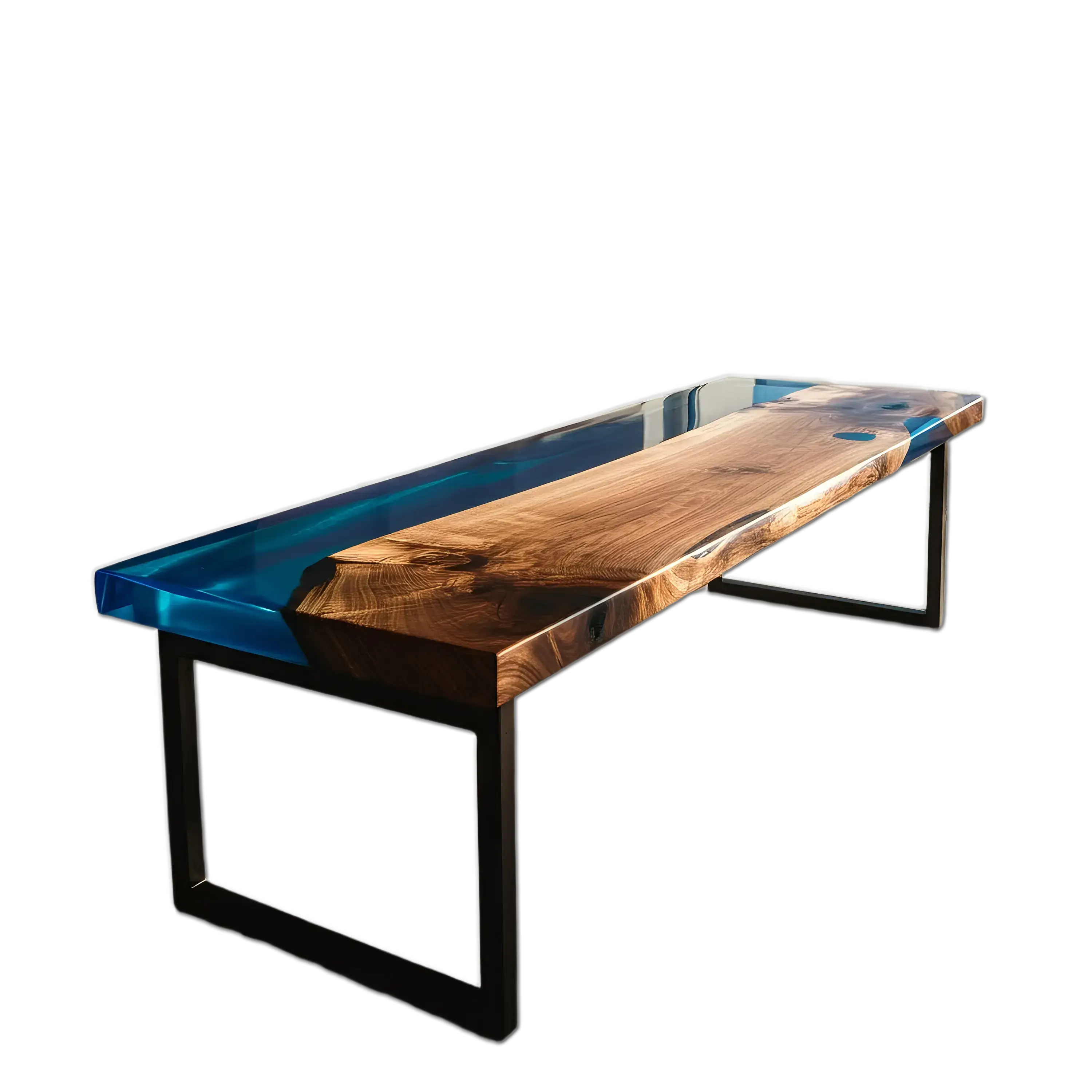 Custom epoxy bench with walnut wood and vibrant blue resin, handmade in the USA. Modern dining bench with sleek black metal legs.
