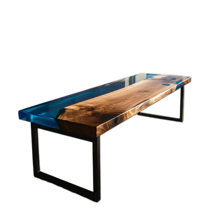 Custom epoxy bench with walnut wood and vibrant blue resin, handmade in the USA. Modern dining bench with sleek black metal legs.