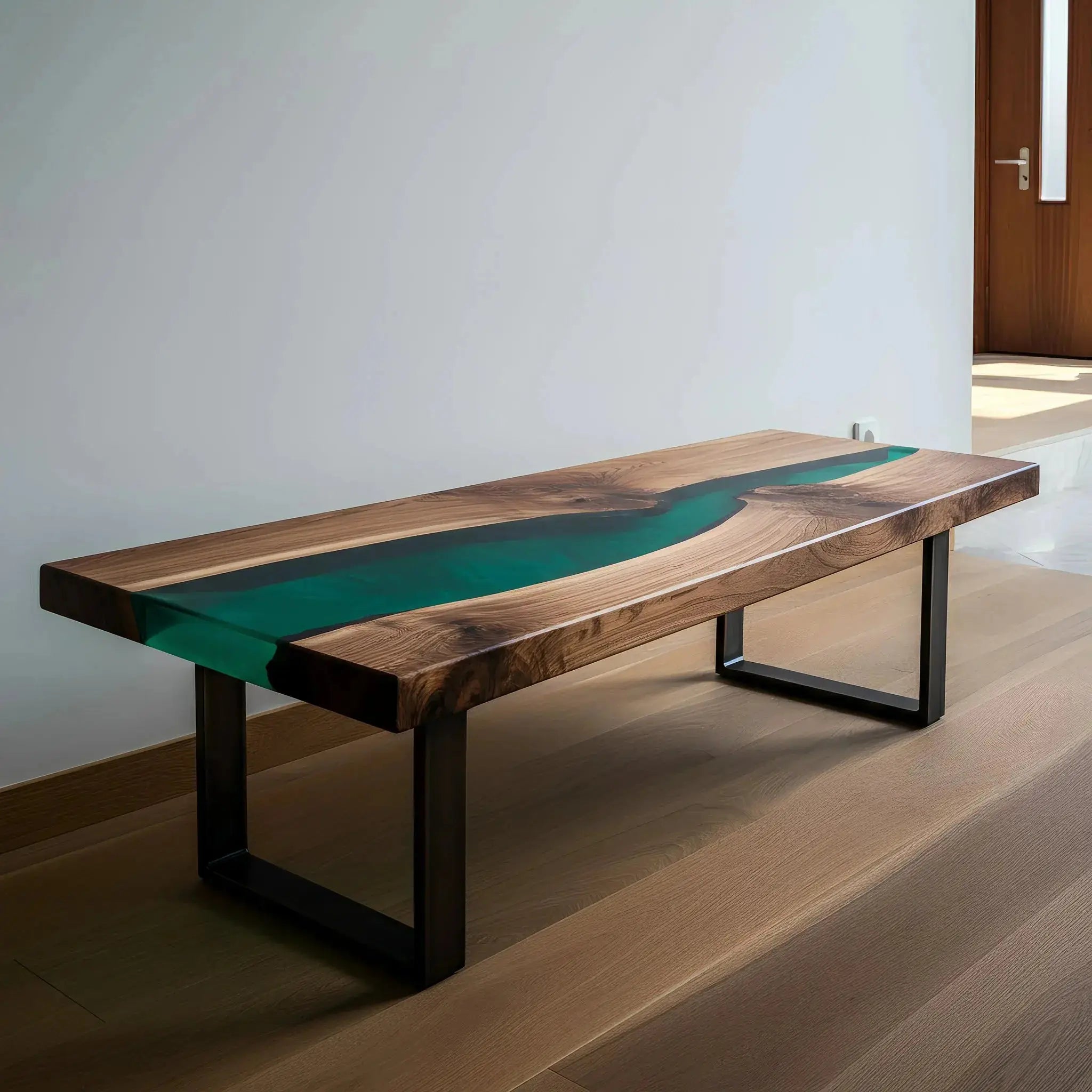 Custom handmade epoxy river bench with walnut wood and green resin, perfect for modern dining rooms or kitchen seating.