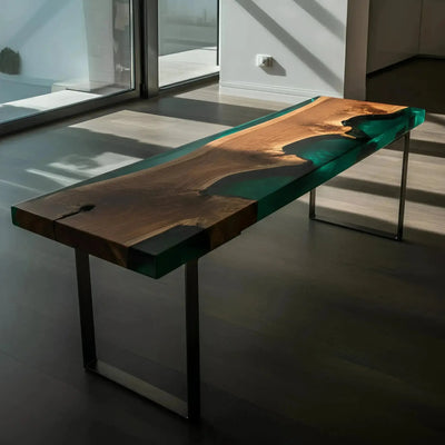 Handmade epoxy resin bench with live edge walnut wood and green resin, featuring metal legs, ideal for kitchen or dining seating.