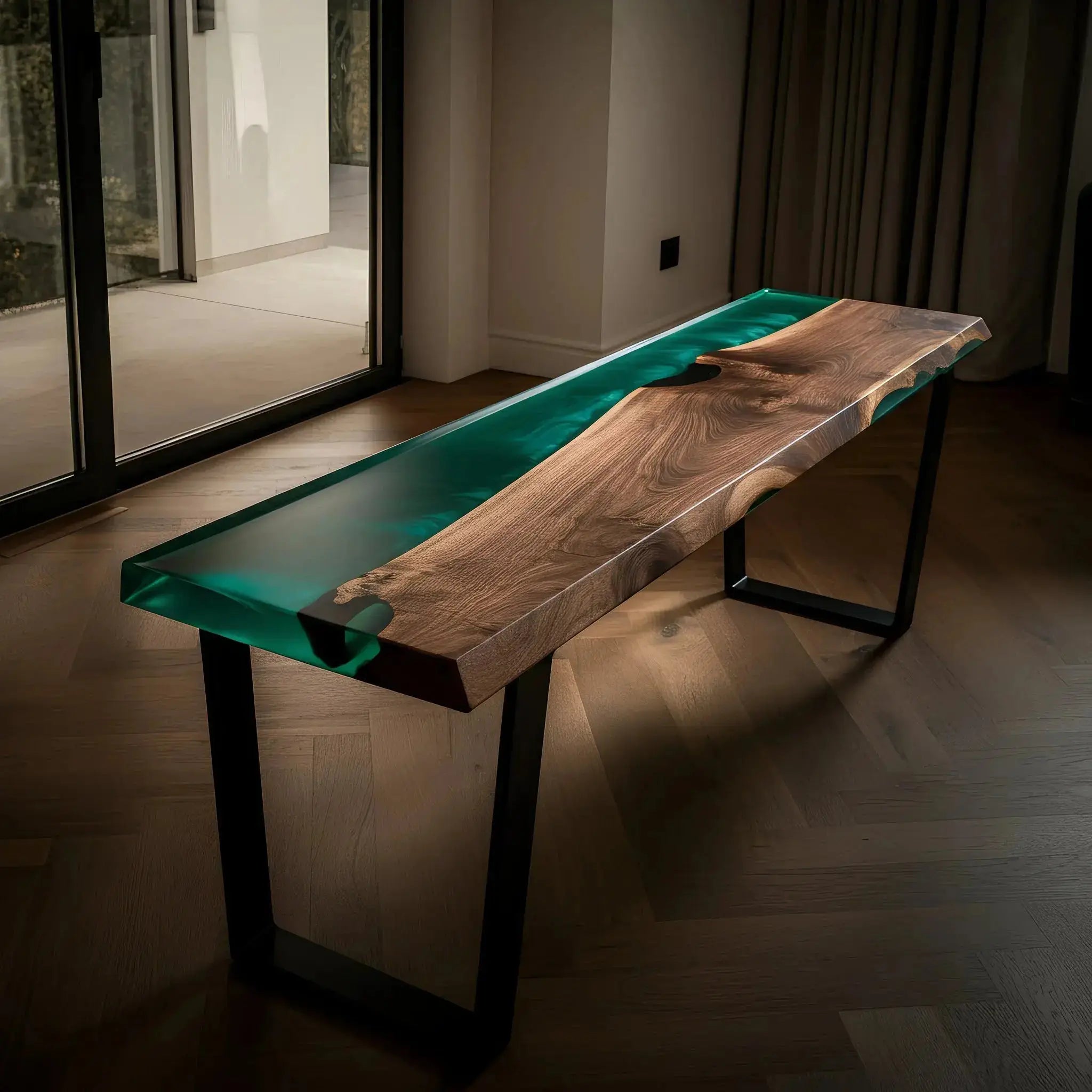 Handcrafted epoxy river bench with green resin and walnut wood, ideal for kitchen or dining room furniture collections.