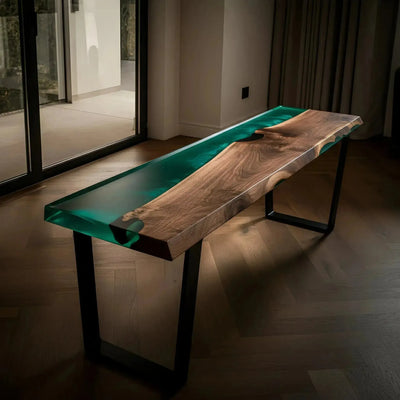 Handmade epoxy resin bench with live edge walnut wood and green resin, featuring metal legs, ideal for kitchen or dining seating.