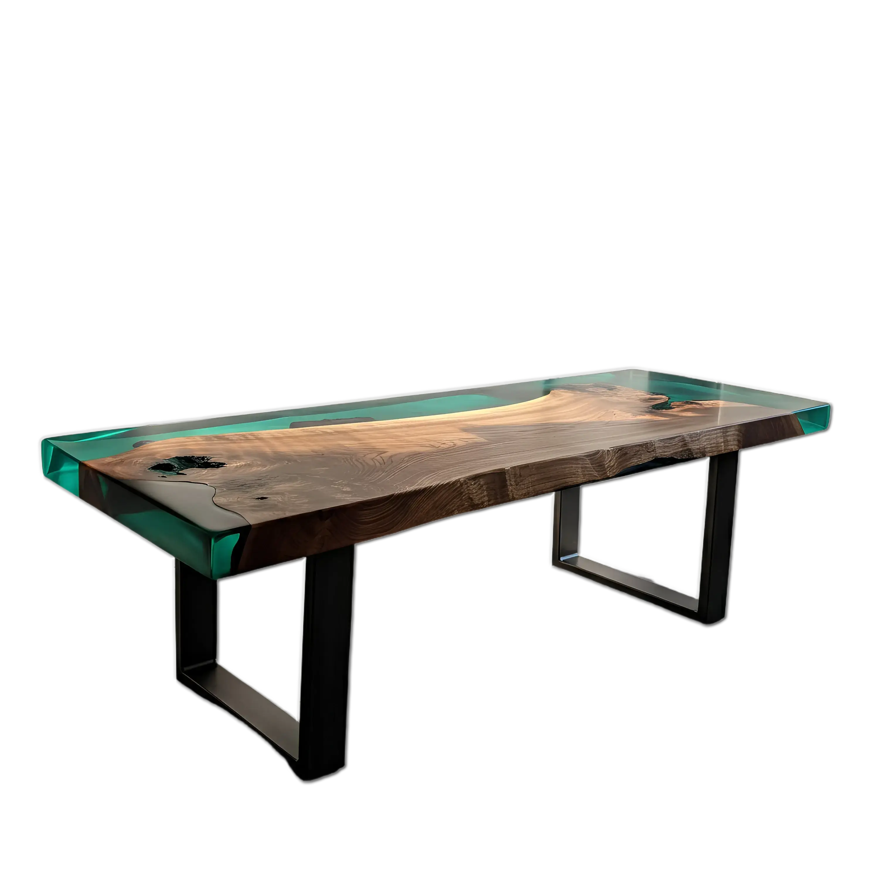 Epoxy River Bench - Walnut and Green Resin - Custom Handmade USA bench with live edge walnut slab and translucent green resin, ideal for dining spaces.