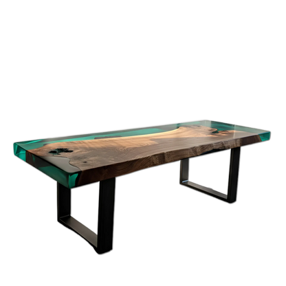 Epoxy River Bench - Walnut and Green Resin - Custom Handmade USA bench with live edge walnut slab and translucent green resin, ideal for dining spaces.