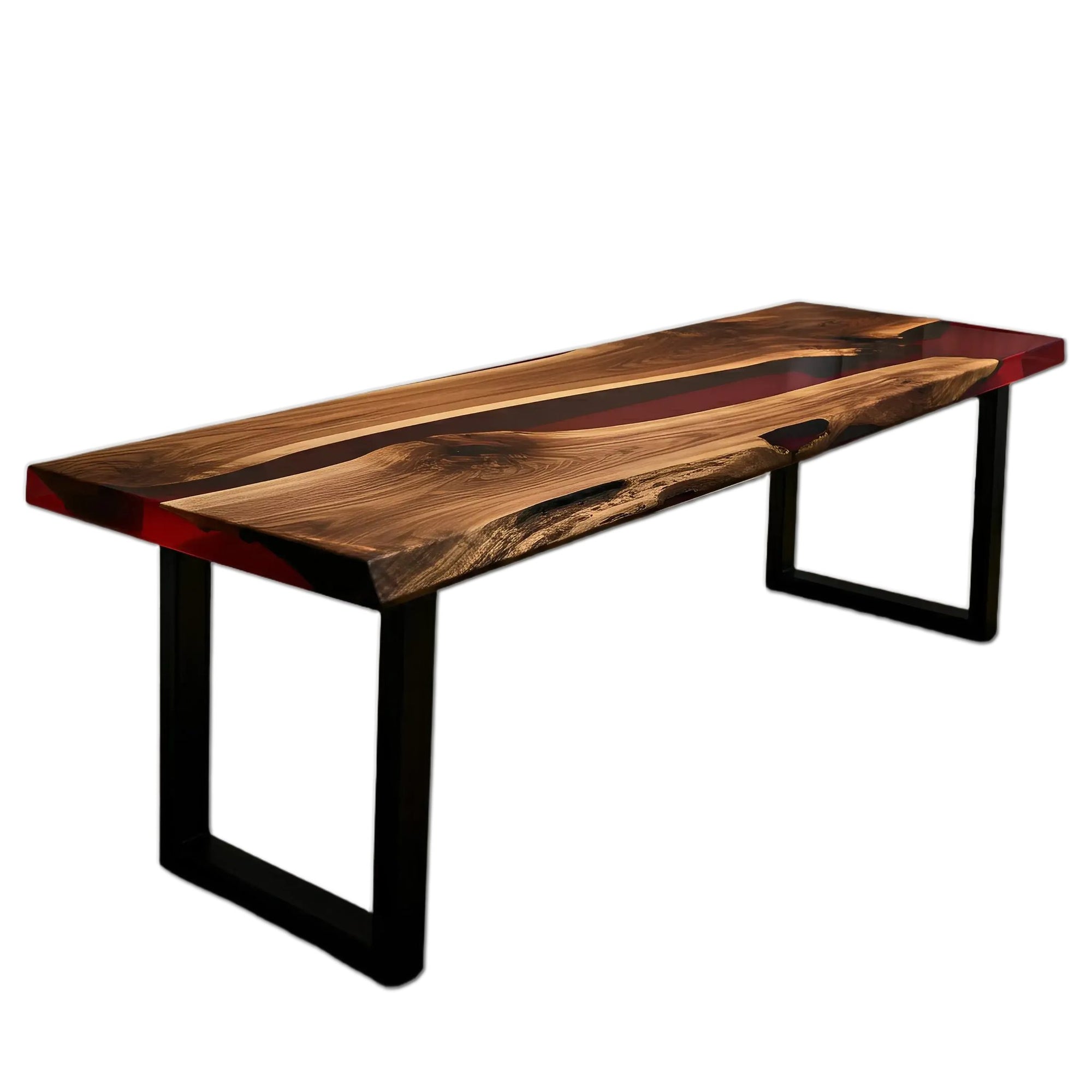 Custom epoxy bench featuring walnut wood and red resin with black metal legs.
Handmade in the USA, ideal for dining or kitchen seating.