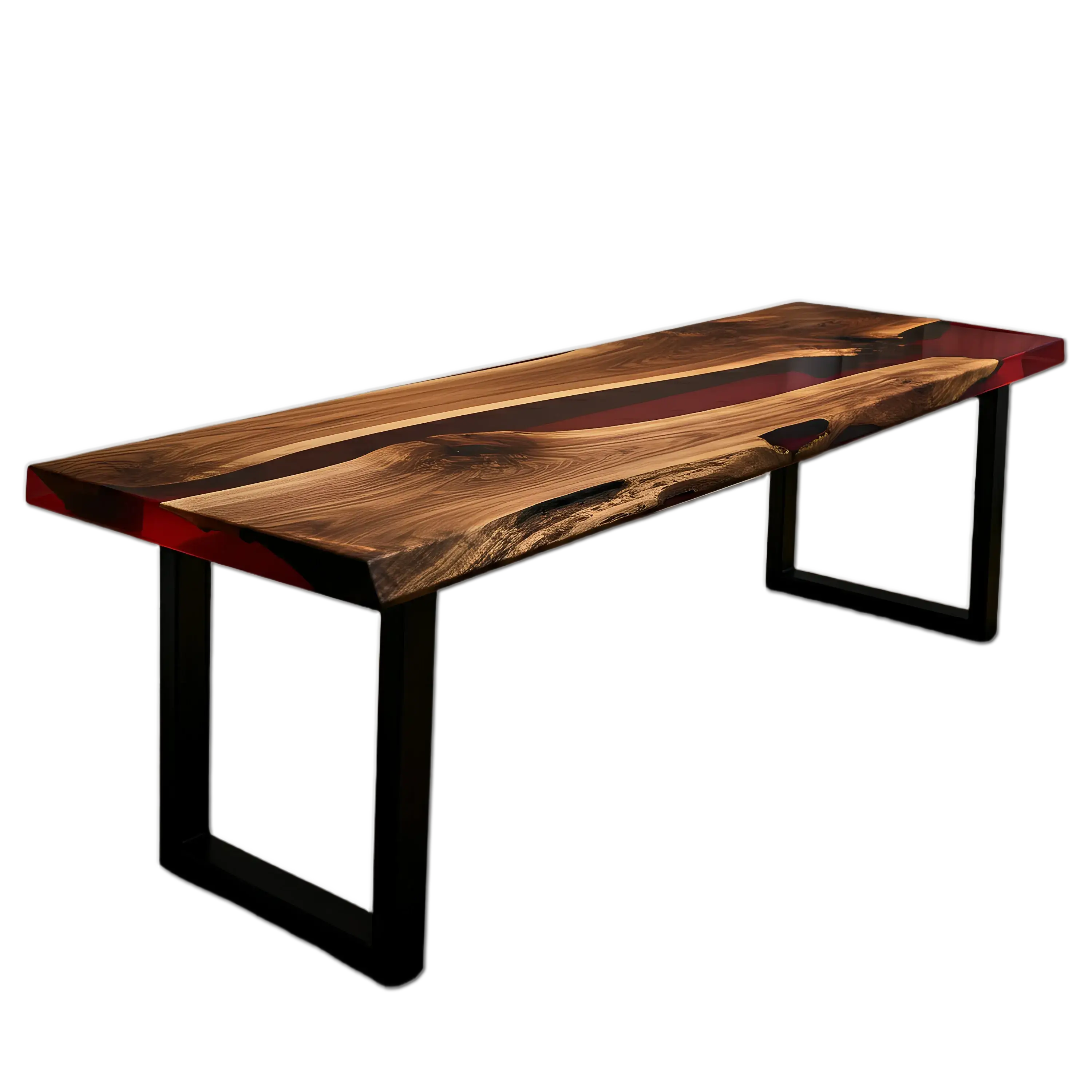Custom epoxy bench featuring walnut wood and red resin with black metal legs. Handmade in the USA, ideal for dining or kitchen seating.