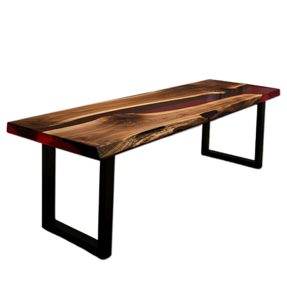 Custom epoxy bench featuring walnut wood and red resin with black metal legs. Handmade in the USA, ideal for dining or kitchen seating.