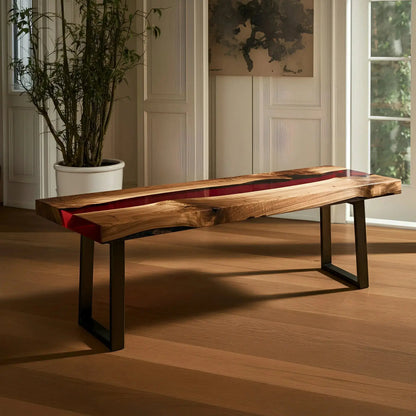 Elegant walnut and red resin epoxy bench with black metal legs in a classic interior. Custom USA-made furniture for dining or kitchen use.
