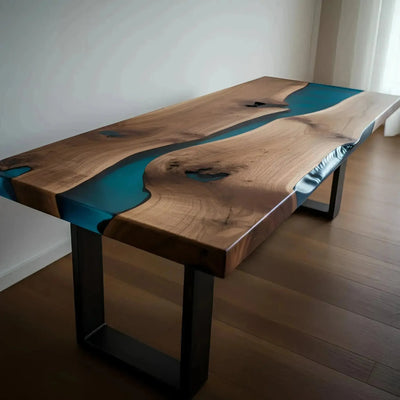 Custom epoxy bench with walnut wood and vibrant blue resin, handmade in the USA. Modern dining bench with sleek black metal legs.