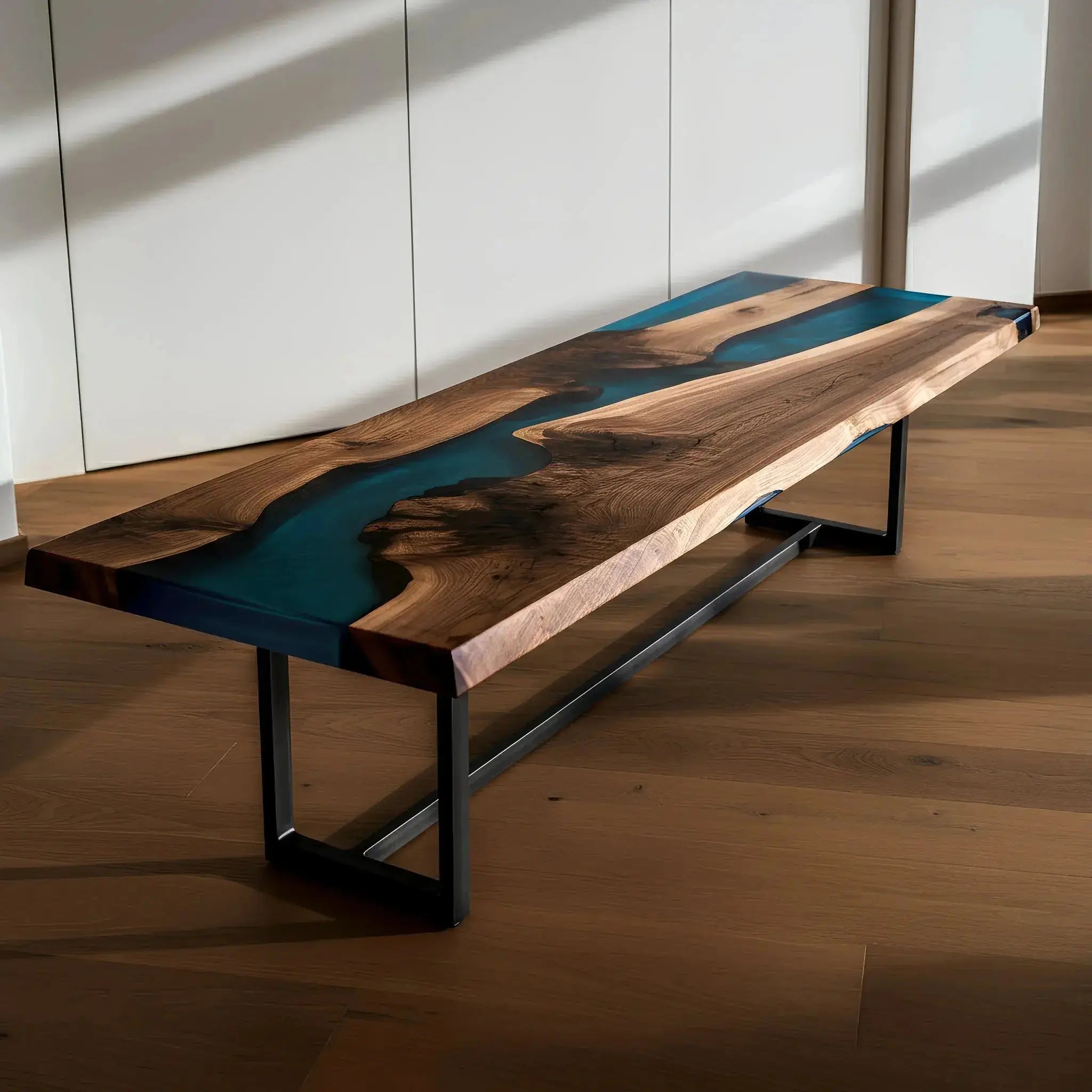Blue Odyssey Bench with flowing blue resin and walnut slab top. Custom epoxy dining bench crafted in the USA for modern interiors.