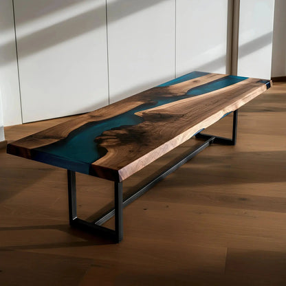 Blue Odyssey Bench with flowing blue resin and walnut slab top. Custom epoxy dining bench crafted in the USA for modern interiors.