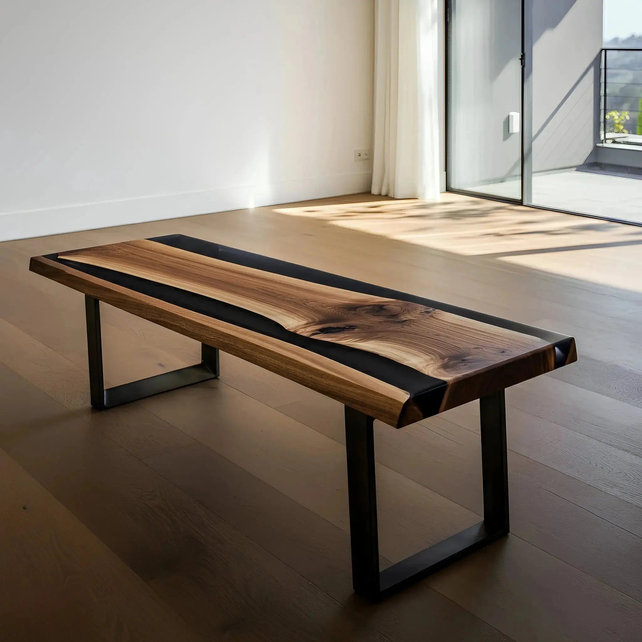 Custom epoxy dining bench with live edge walnut and black resin design. Sleek handmade bench for contemporary kitchen or dining interiors.