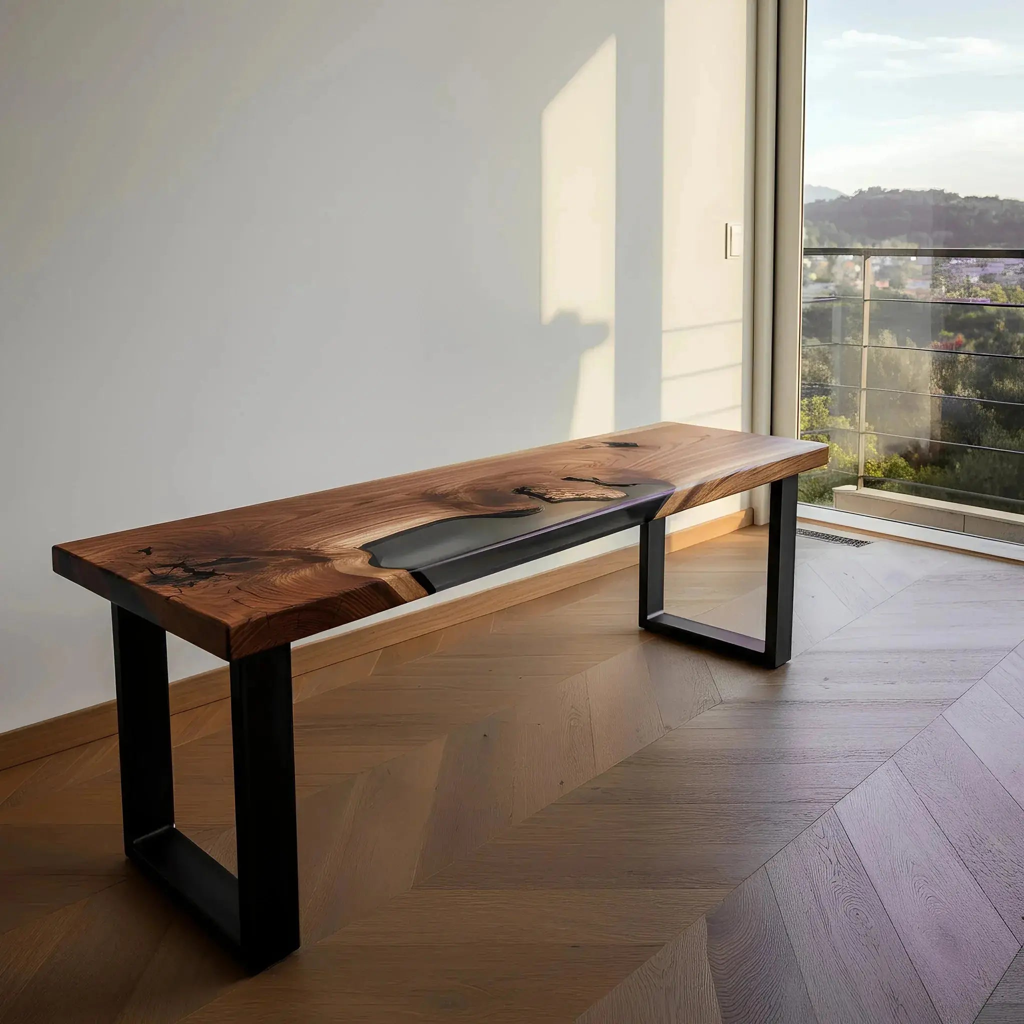 Handcrafted walnut and black resin epoxy bench placed in a modern dining area. Custom USA-made bench ideal for kitchen or dining room seating.
