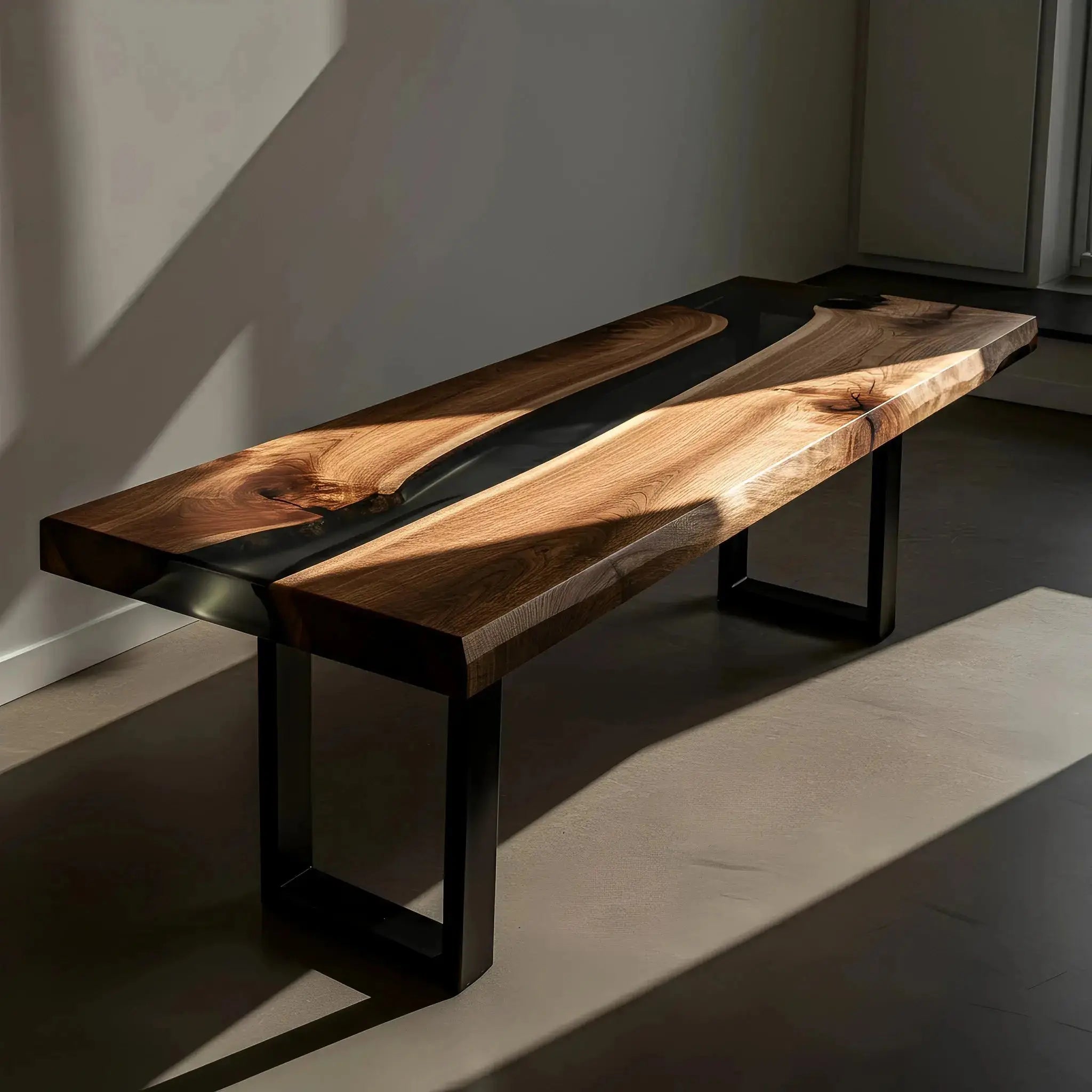 Walnut and black resin epoxy bench with metal legs, bathed in natural light. Handmade in the USA, perfect for modern dining room settings.