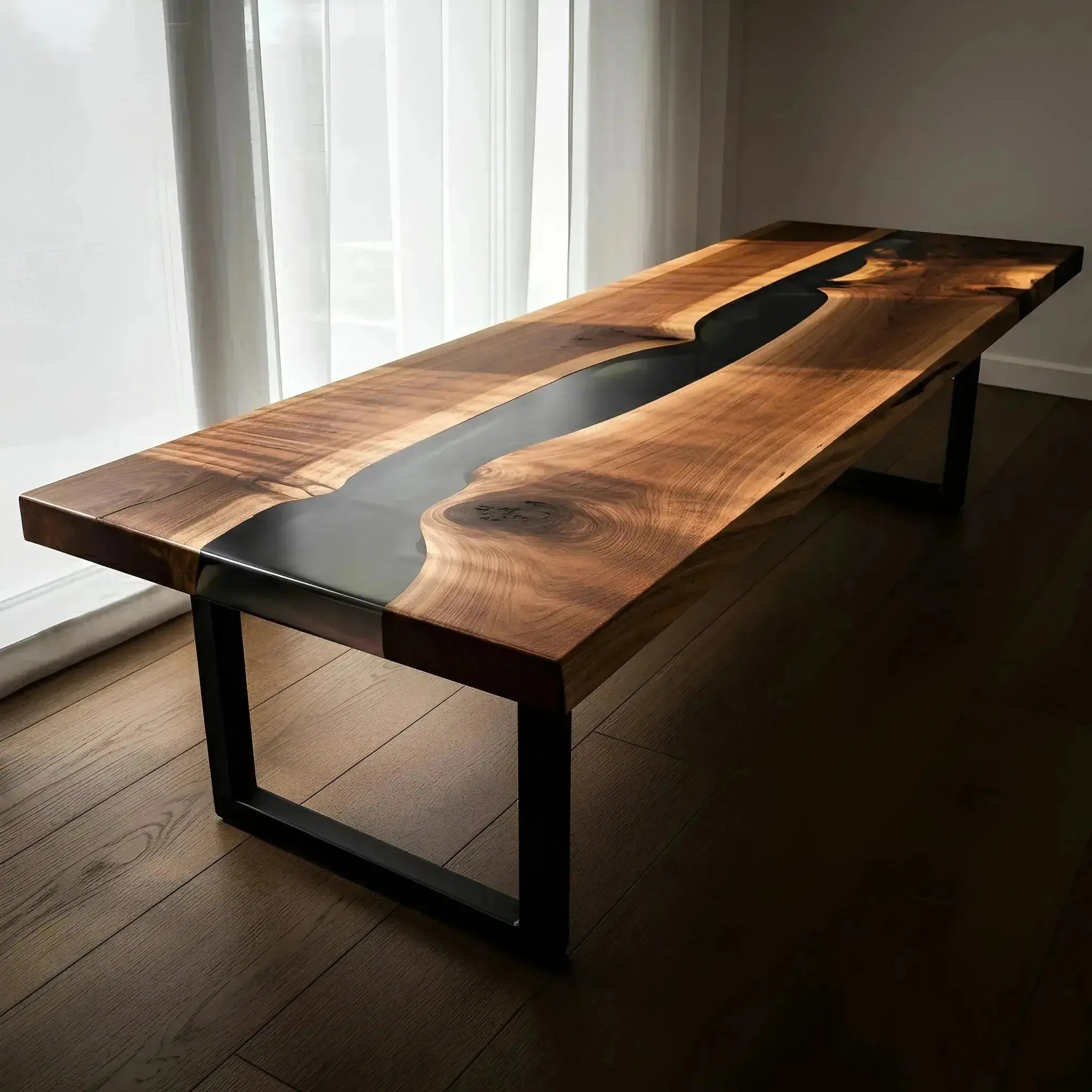 Elegant custom epoxy bench featuring black resin river and walnut wood grain. Ideal for upscale kitchen or dining bench furniture collections.