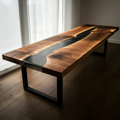 Handmade walnut wood bench with black epoxy resin river and metal legs, modern design by Resin Society